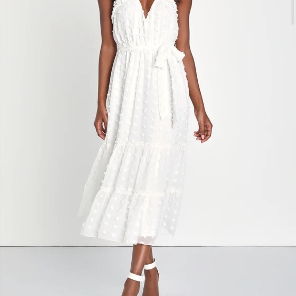 Lulu's White Tiered Tie Front Midi Dress
